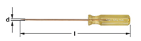 Image of a yellow, fluted, acetate handled awl with measurements indicating the length of the shaft (l) and the diameter of the tip (d). The brand name "AMPCO Safety Tools" is in white letters and visible on the handle.